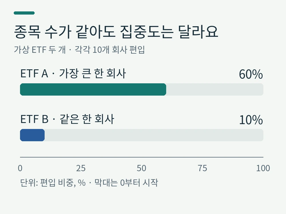 종목 수가 같아도 집중도는 달라요。ETF A · 가장 큰 한 회사 60%。ETF B · 같은 한 회사 10%