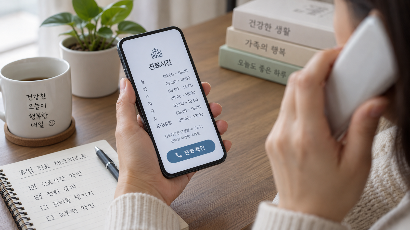 휴일 진료시간을 휴대전화로 확인한 뒤 병원에 전화하는 모습
