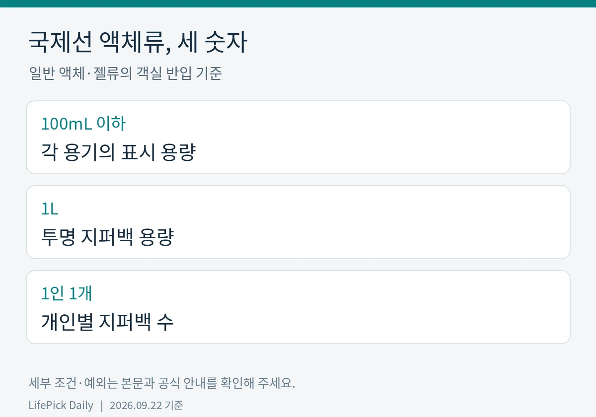 국제선 액체류, 세 숫자. 100mL 이하: 각 용기의 표시 용량. 1L: 투명 지퍼백 용량. 1인 1개: 개인별 지퍼백 수
