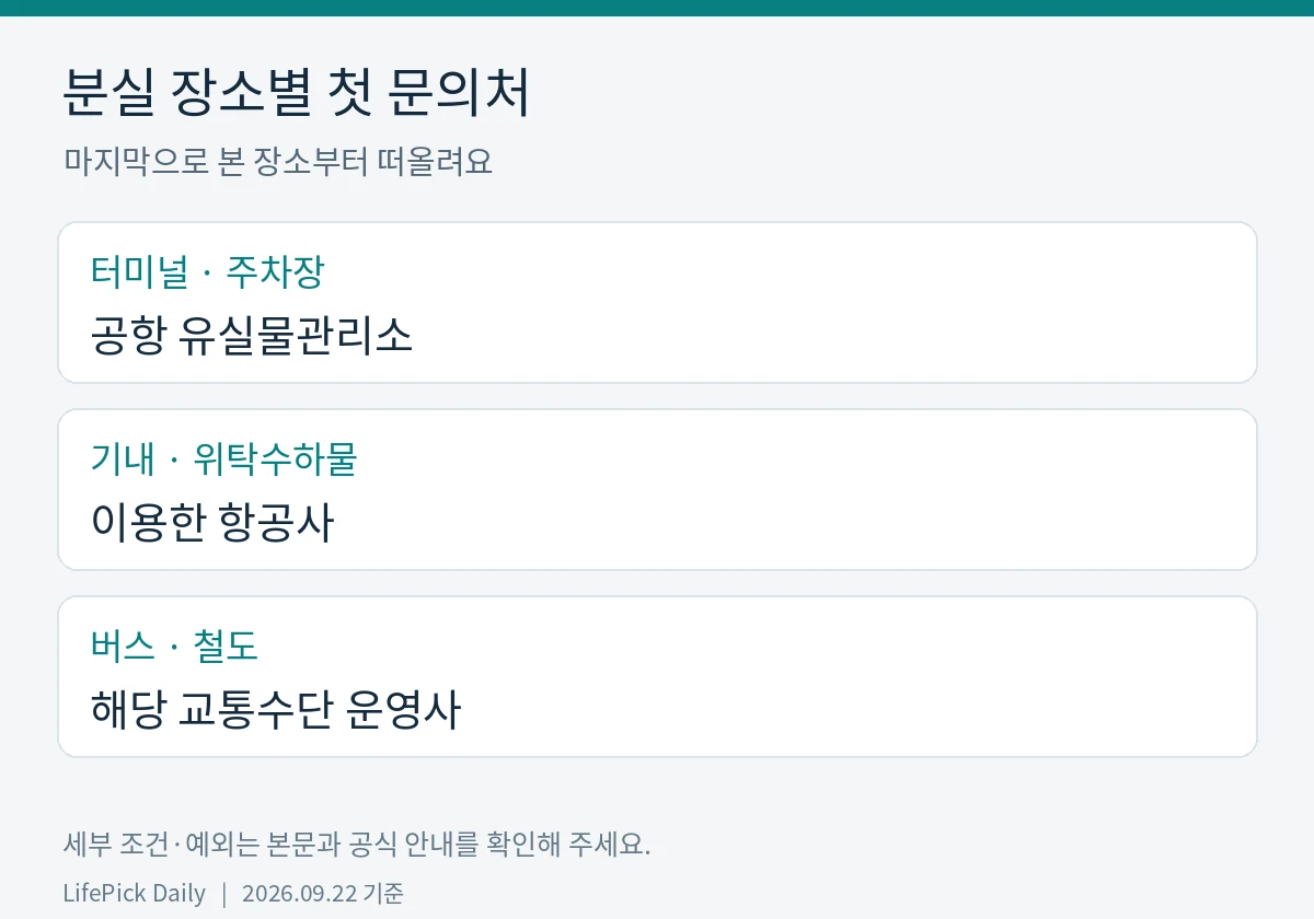 분실 장소별 첫 문의처. 터미널 · 주차장: 공항 유실물관리소. 기내 · 위탁수하물: 이용한 항공사. 버스 · 철도: 해당 교통수단 운영사