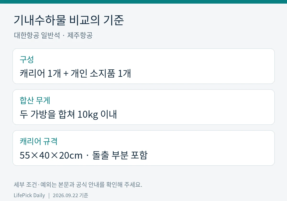 기내수하물 비교의 기준. 구성: 캐리어 1개 + 개인 소지품 1개. 합산 무게: 두 가방을 합쳐 10kg 이내. 캐리어 규격: 55×40×20cm · 돌출 부분 포함